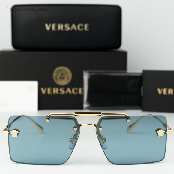 Versace Men Sunglasses Gold Blue Rectangle VE2245 100280 BRAND NEW - Picture 1 of 8